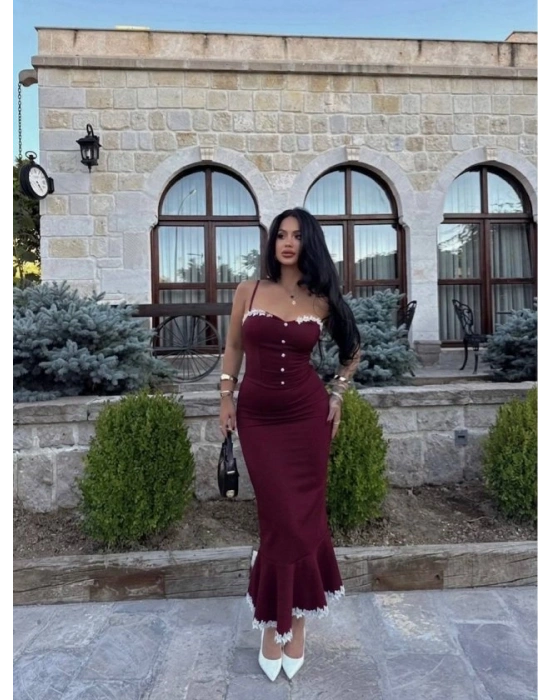 Kadın Güpür Dantel Detaylı Gizli Fermuarlı idi Boy Elbise