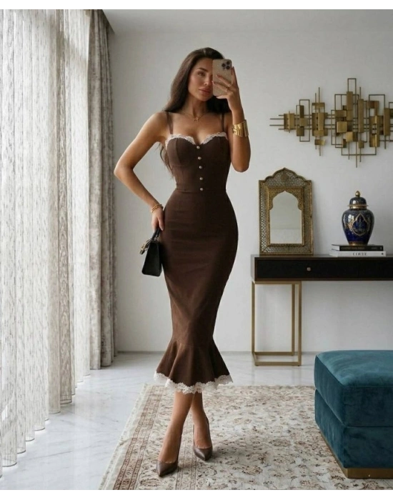 Kadın Güpür Dantel Detaylı Gizli Fermuarlı idi Boy Elbise