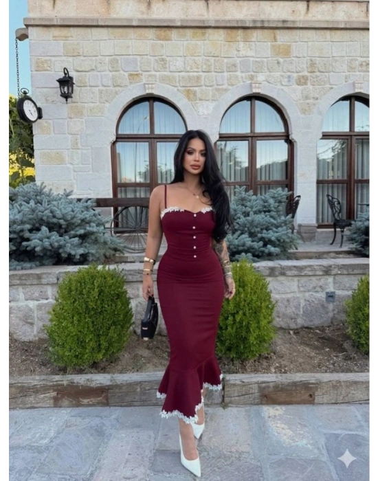 Kadın Güpür Dantel Detaylı Gizli Fermuarlı idi Boy Elbise