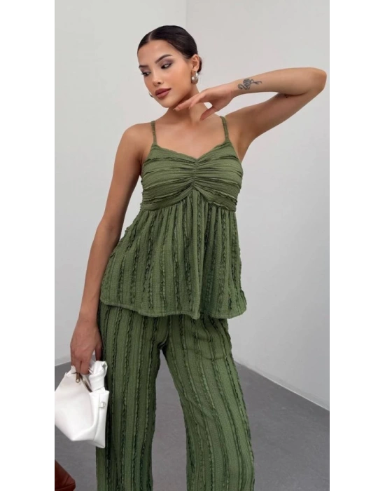 Kadın Haki Dokulu Askılı Üst Ve Bol Paça Pantolon 2’li Takım
