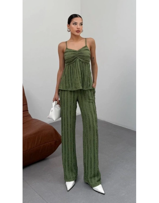 Kadın Haki Dokulu Askılı Üst Ve Bol Paça Pantolon 2’li Takım