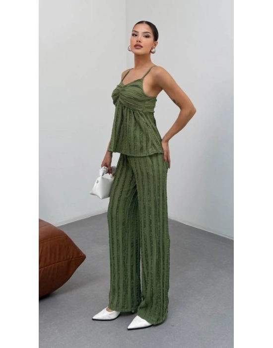 Kadın Haki Dokulu Askılı Üst Ve Bol Paça Pantolon 2’li Takım
