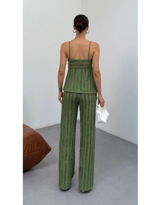 Kadın Haki Dokulu Askılı Üst Ve Bol Paça Pantolon 2’li Takım