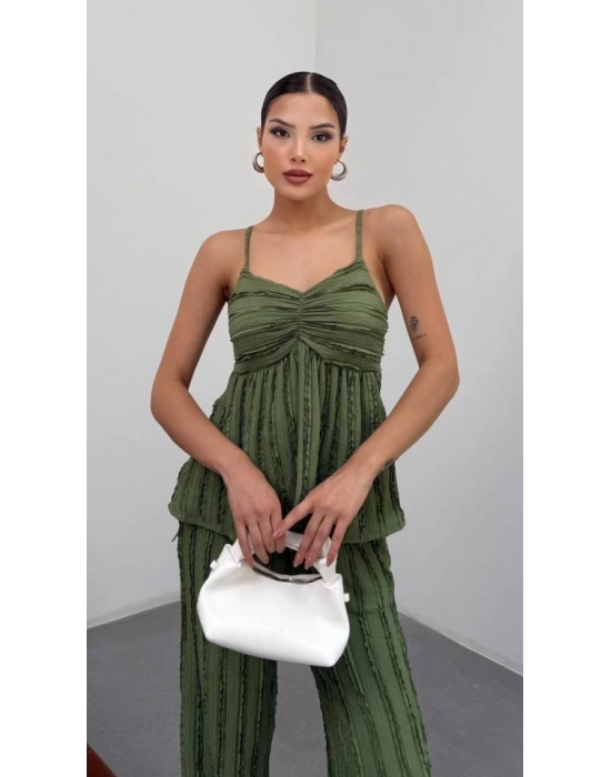 Kadın Haki Dokulu Askılı Üst Ve Bol Paça Pantolon 2’li Takım