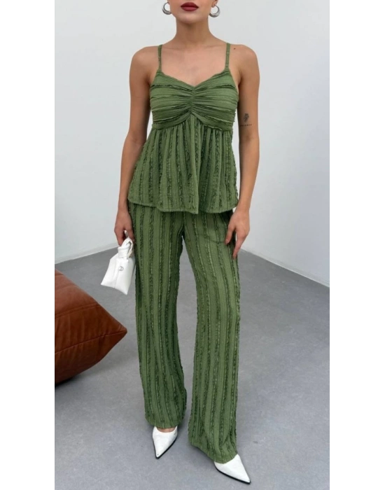Kadın Haki Dokulu Askılı Üst Ve Bol Paça Pantolon 2’li Takım