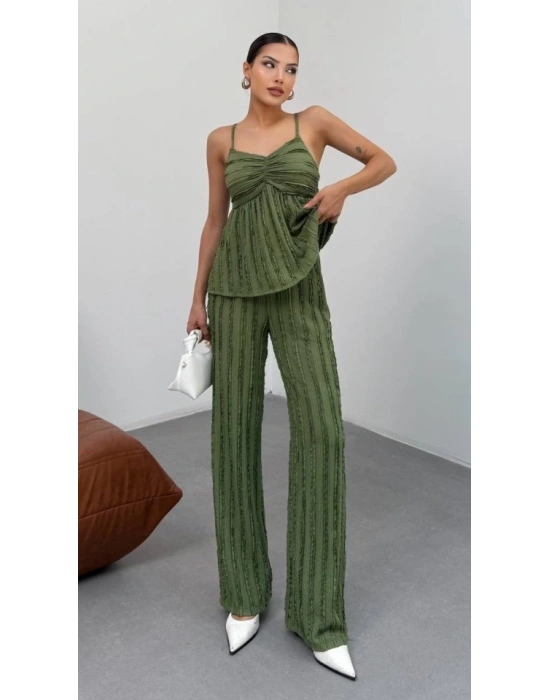 Kadın Haki Dokulu Askılı Üst Ve Bol Paça Pantolon 2’li Takım