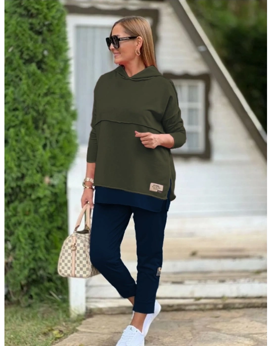 Kadın Haki Kapşonlu Etek Ucu Detay Arma Ters Dikiş Gorunumlu Ikili Takım