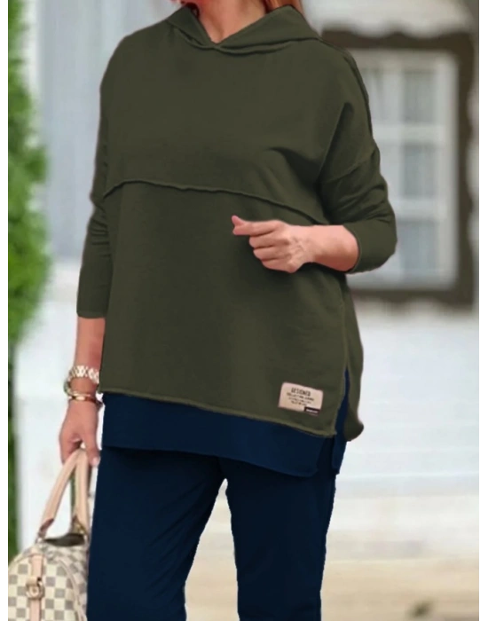 Kadın Haki Kapşonlu Etek Ucu Detay Arma Ters Dikiş Gorunumlu Ikili Takım