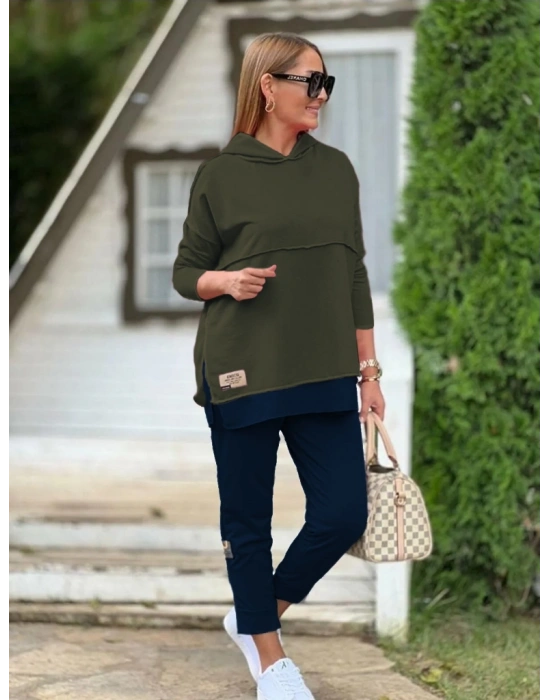 Kadın Haki Kapşonlu Etek Ucu Detay Arma Ters Dikiş Gorunumlu Ikili Takım