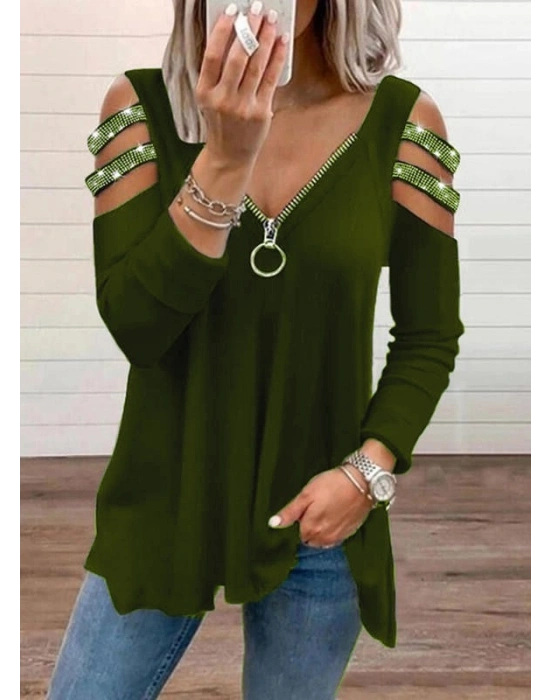 Kadın Haki Kolları Taş Işlemeli Uzun Kol Fermuarlı Viskon Bluz