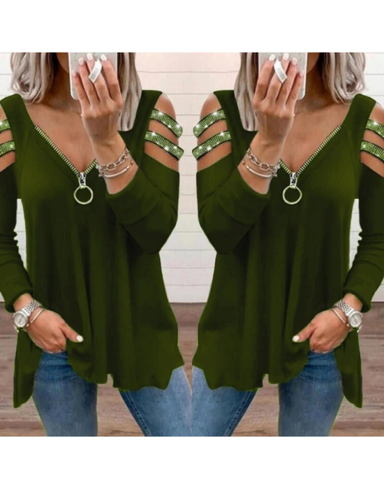 Kadın Haki Kolları Taş Işlemeli Uzun Kol Fermuarlı Viskon Bluz