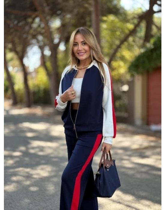 Kadın Hakim Yaka şerit Detay Hırka Ve Bol Paça Pantolon Ikili Takım