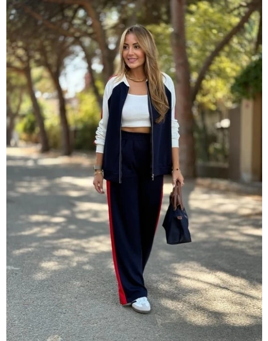 Kadın Hakim Yaka şerit Detay Hırka Ve Bol Paça Pantolon Ikili Takım