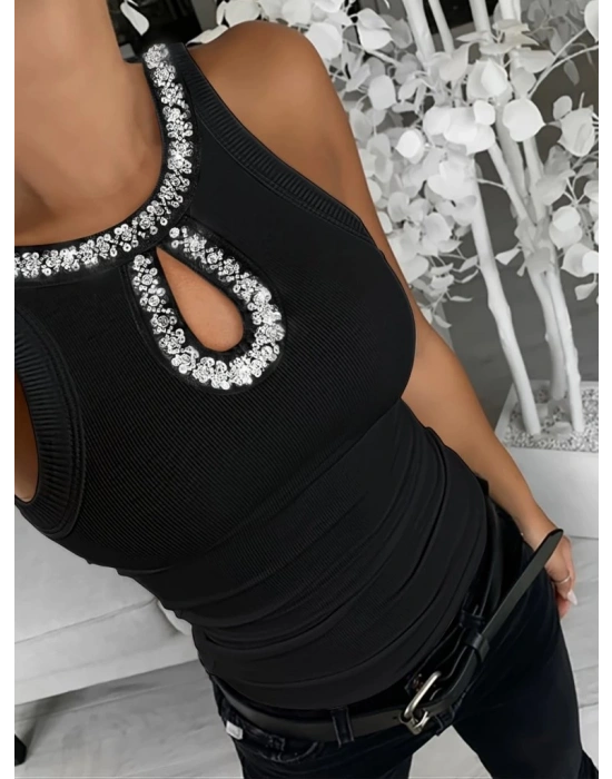 Kadın Halter Kollu Yuvarlak Taşlı Yaka Damla Detaylı Kaşkorse Bluz
