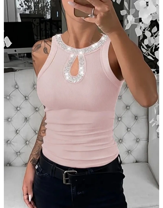 Kadın Halter Kollu Yuvarlak Taşlı Yaka Damla Detaylı Kaşkorse Bluz