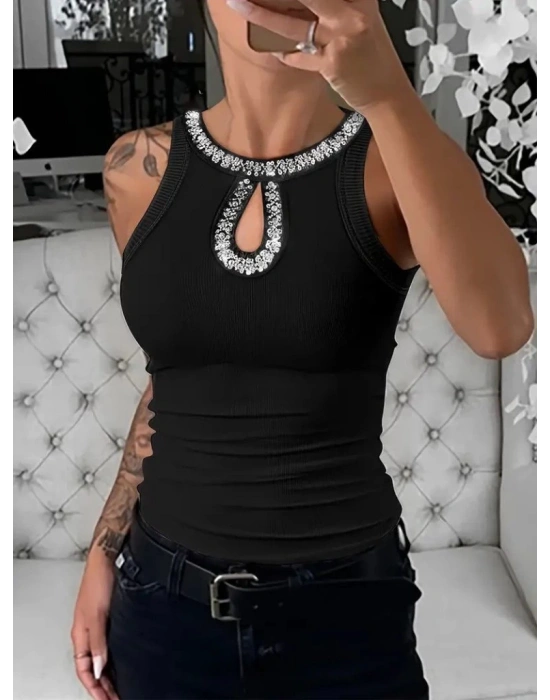 Kadın Halter Kollu Yuvarlak Taşlı Yaka Damla Detaylı Kaşkorse Bluz