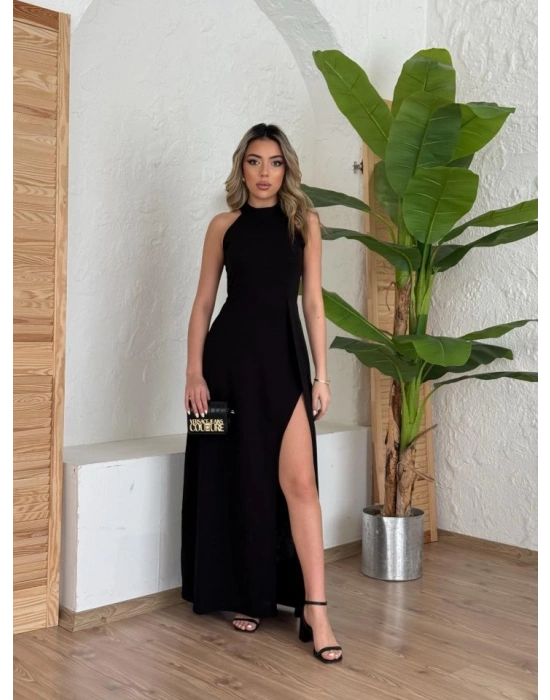 Kadın Halter Yaka Derin Yırtmaç Detaylı Tam Boy Ithal Krep Abiye Elbise