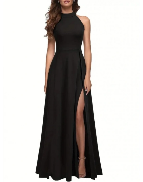 Kadın Halter Yaka Derin Yırtmaç Detaylı Tam Boy Ithal Krep Abiye Elbise