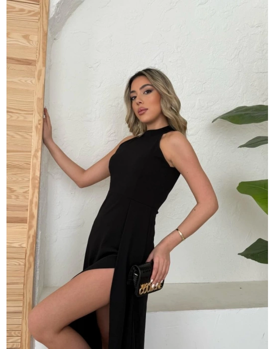 Kadın Halter Yaka Derin Yırtmaç Detaylı Tam Boy Ithal Krep Abiye Elbise