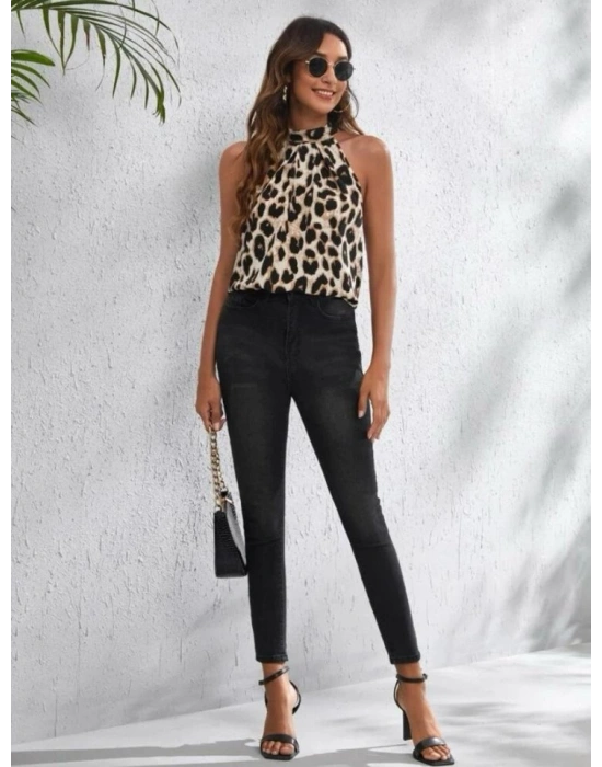 Kadın Halter Yaka Dijital Baskılı Mikro Kumaş Bluz