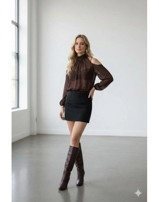 Kadın Halter Yaka Full Transparan Omuz Dekolteli Bluz