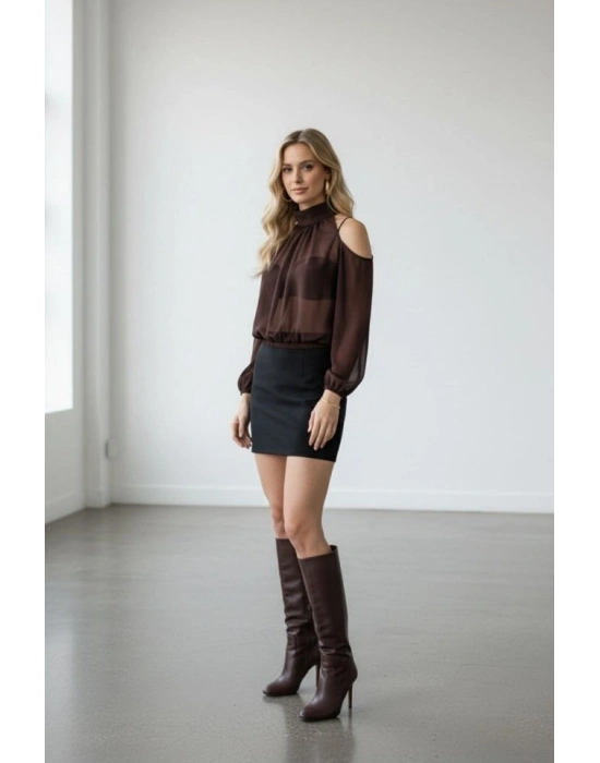 Kadın Halter Yaka Full Transparan Omuz Dekolteli Bluz