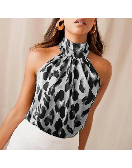 Kadın Halter Yaka Leopar Desenli Mikro Kumaş Bluz