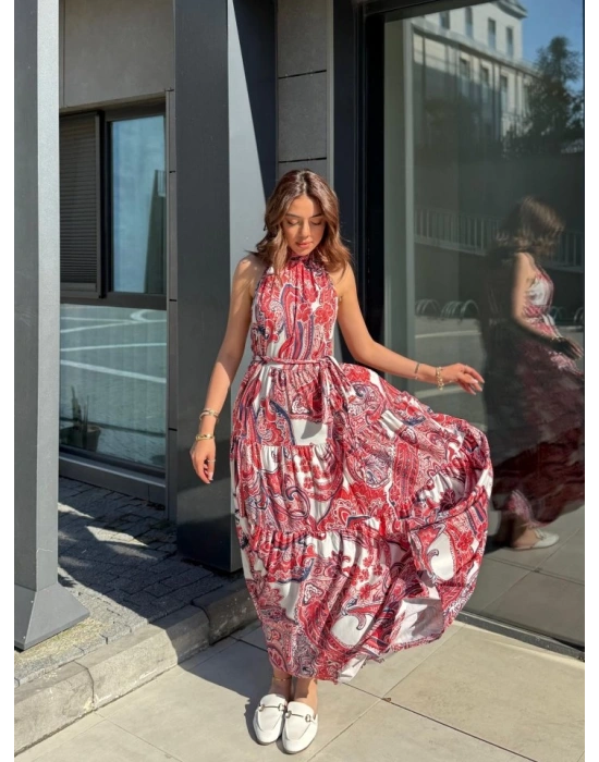 Kadın Halter Yakalı Omuzlardan Açık Kuşaklı Maksi Boy Desenli Süprem Elbise