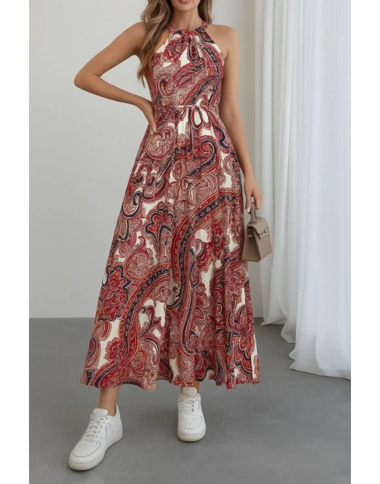 Kadın Halter Yakalı Omuzlardan Açık Kuşaklı Maksi Boy Desenli Süprem Elbise