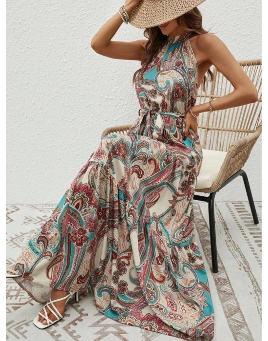 Kadın Halter Yakalı Omuzlardan Açık Kuşaklı Maksi Boy Desenli Süprem Elbise