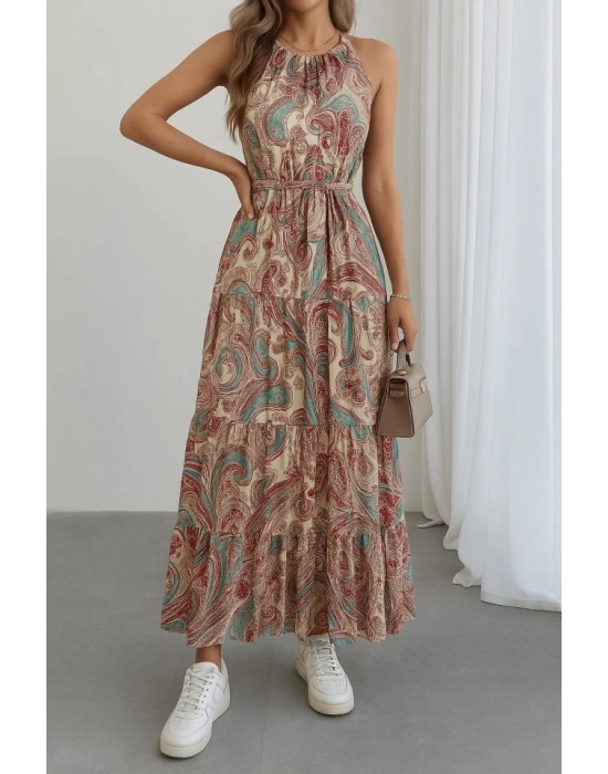 Kadın Halter Yakalı Omuzlardan Açık Kuşaklı Maksi Boy Desenli Süprem Elbise