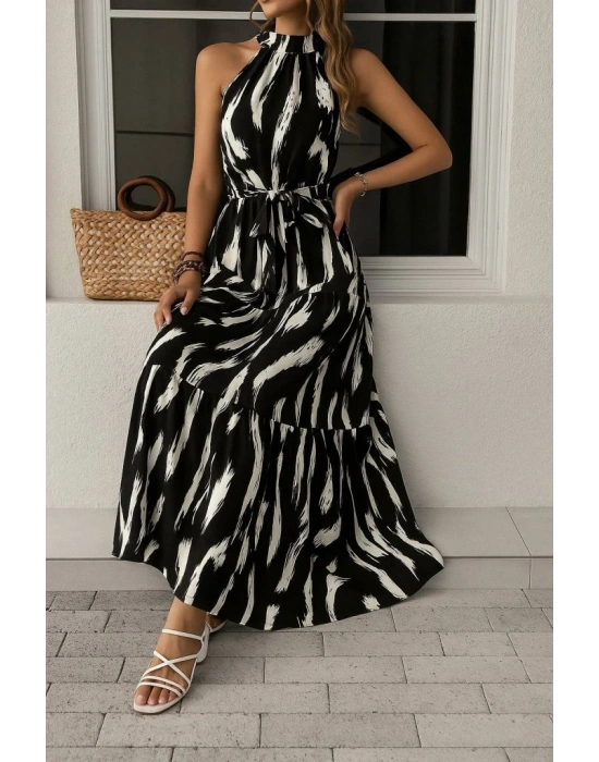 Kadın Halter Yakalı Omuzlardan Açık Kuşaklı Maksi Boy Desenli Süprem Elbise