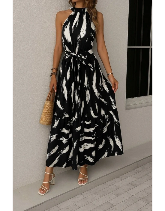 Kadın Halter Yakalı Omuzlardan Açık Kuşaklı Maksi Boy Desenli Süprem Elbise