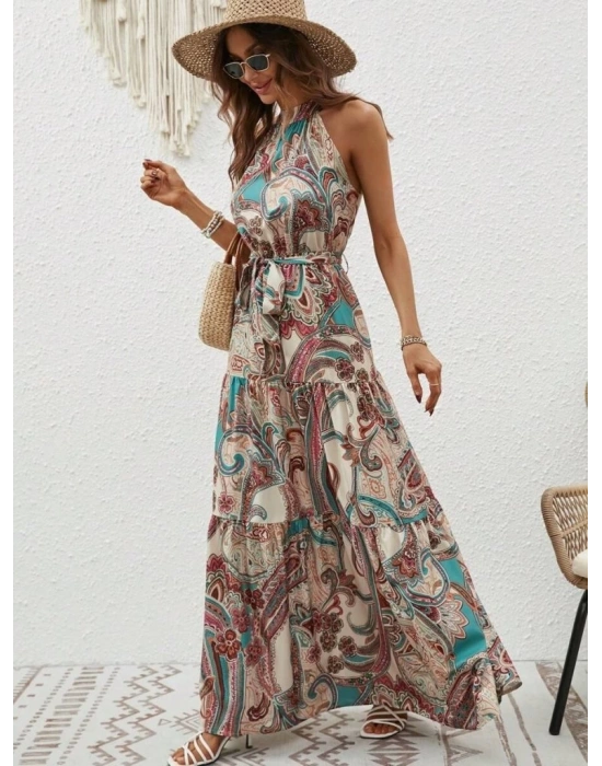 Kadın Halter Yakalı Omuzlardan Açık Kuşaklı Maksi Boy Desenli Süprem Elbise