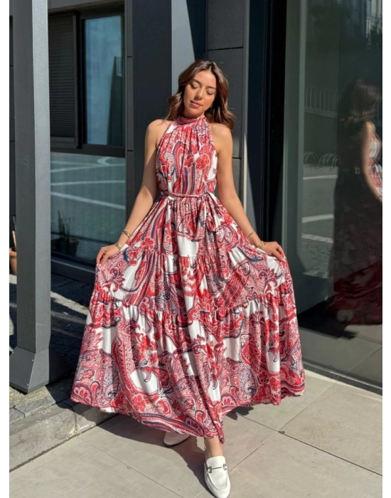 Kadın Halter Yakalı Omuzlardan Açık Kuşaklı Maksi Boy Desenli Süprem Elbise