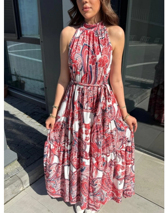 Kadın Halter Yakalı Omuzlardan Açık Kuşaklı Maksi Boy Desenli Süprem Elbise