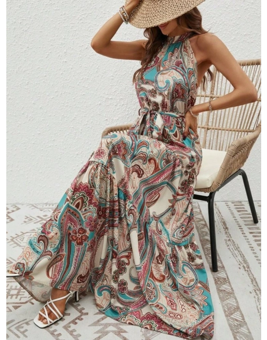 Kadın Halter Yakalı Omuzlardan Açık Kuşaklı Maksi Boy Desenli Süprem Elbise
