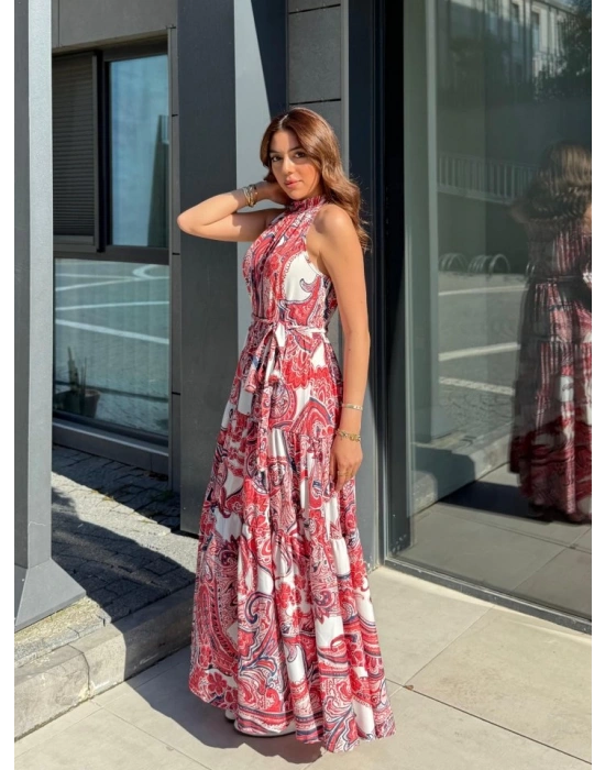 Kadın Halter Yakalı Omuzlardan Açık Kuşaklı Maksi Boy Desenli Süprem Elbise