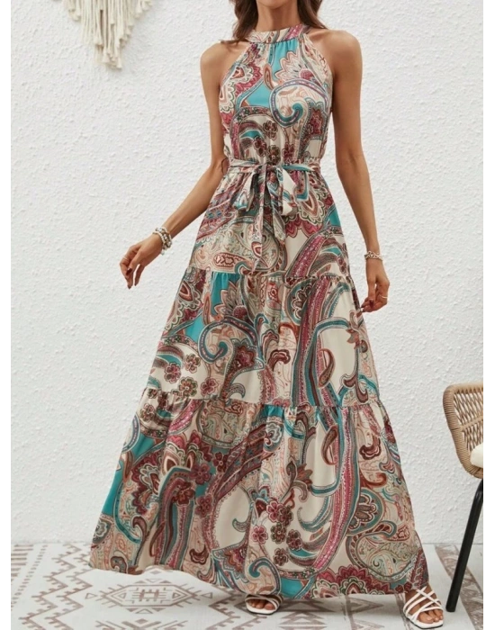Kadın Halter Yakalı Omuzlardan Açık Kuşaklı Maksi Boy Desenli Süprem Elbise