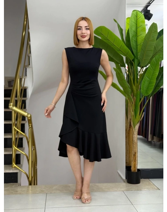 Kadın ıfır Kollu Belden Büzgülü Eteği Volanlı Asimetrik Kesim Midi Janjan Krep Elbise