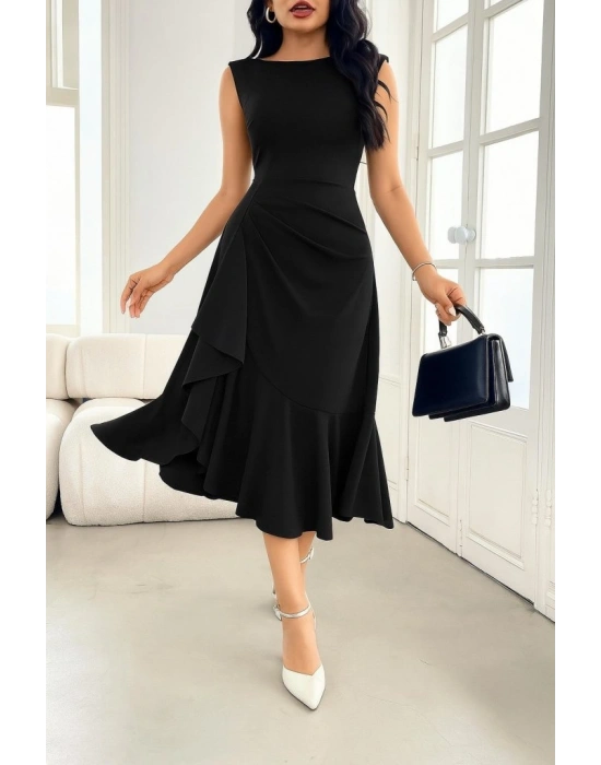 Kadın ıfır Kollu Belden Büzgülü Eteği Volanlı Asimetrik Kesim Midi Janjan Krep Elbise