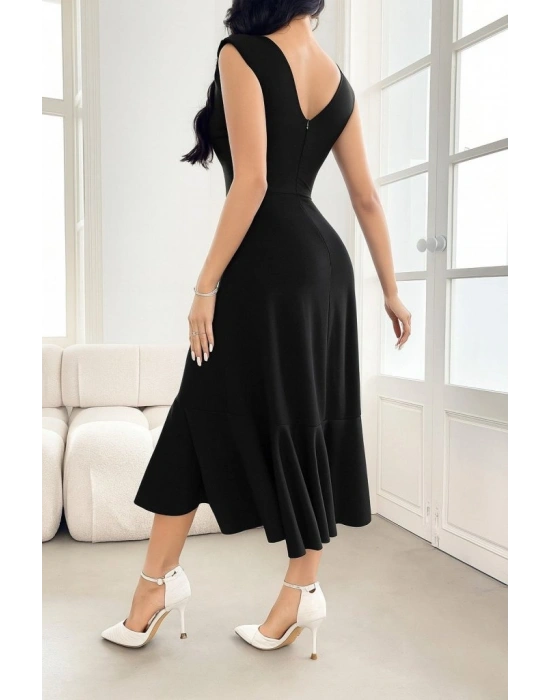 Kadın ıfır Kollu Belden Büzgülü Eteği Volanlı Asimetrik Kesim Midi Janjan Krep Elbise