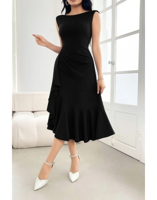 Kadın ıfır Kollu Belden Büzgülü Eteği Volanlı Asimetrik Kesim Midi Janjan Krep Elbise