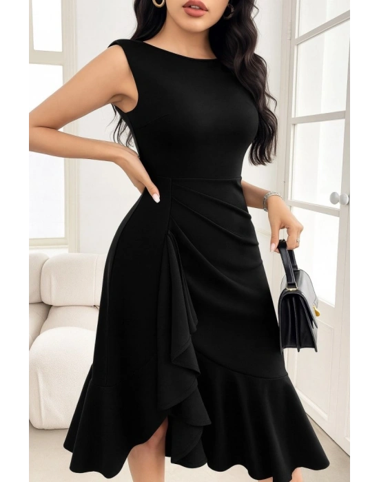 Kadın ıfır Kollu Belden Büzgülü Eteği Volanlı Asimetrik Kesim Midi Janjan Krep Elbise