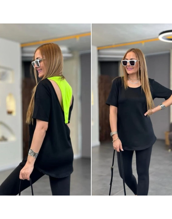 Kadın İki İplik Kumaş ırt Neon Detay Bluz