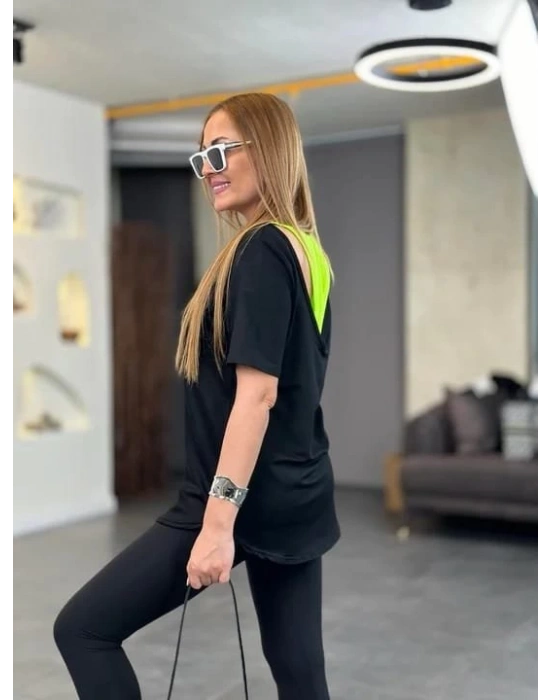 Kadın İki İplik Kumaş ırt Neon Detay Bluz