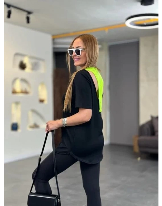 Kadın İki İplik Kumaş ırt Neon Detay Bluz