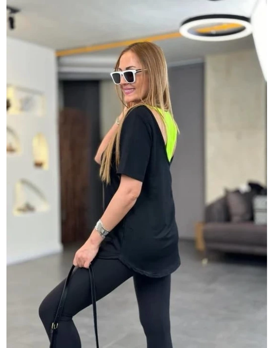 Kadın İki İplik Kumaş ırt Neon Detay Bluz