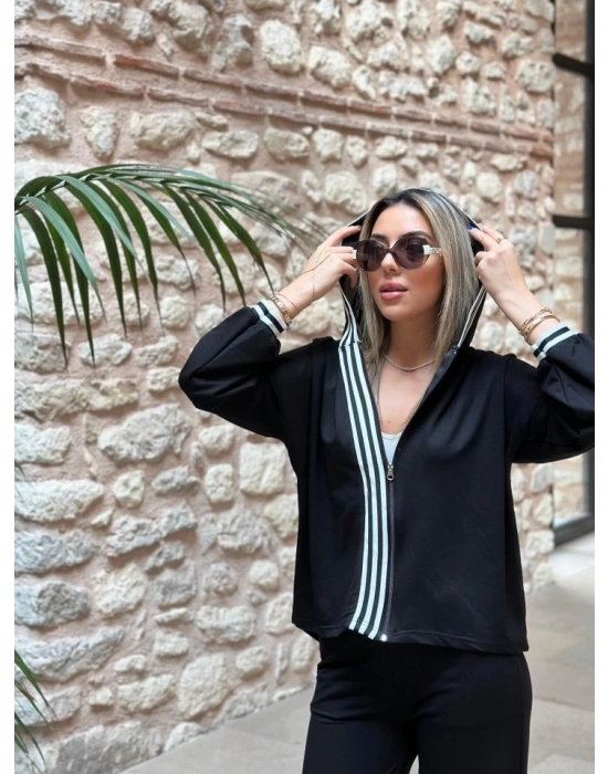 Kadın Iki Iplik Kumaş şerit Detaylı Kapşonlu Ikili Takım