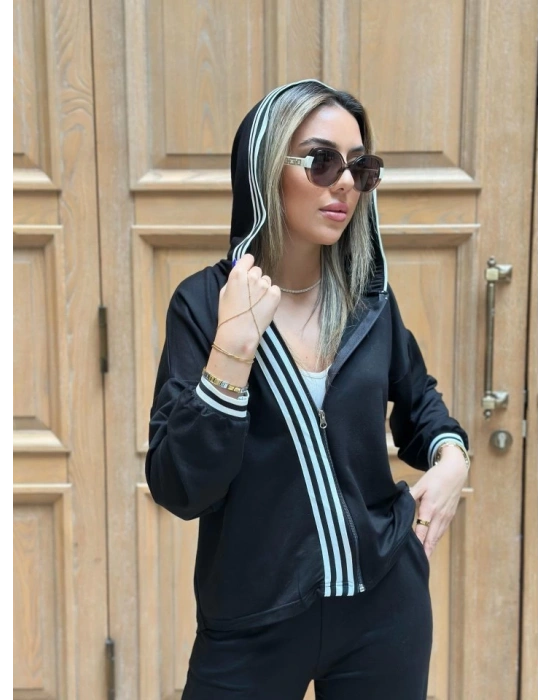 Kadın Iki Iplik Kumaş şerit Detaylı Kapşonlu Ikili Takım